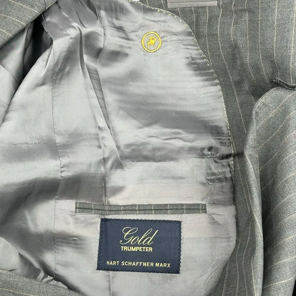 Hart Schaffner‎ Marx Suit Jacket Mens 44R Gray Pinstripe Gold Trumpeter Wool USA